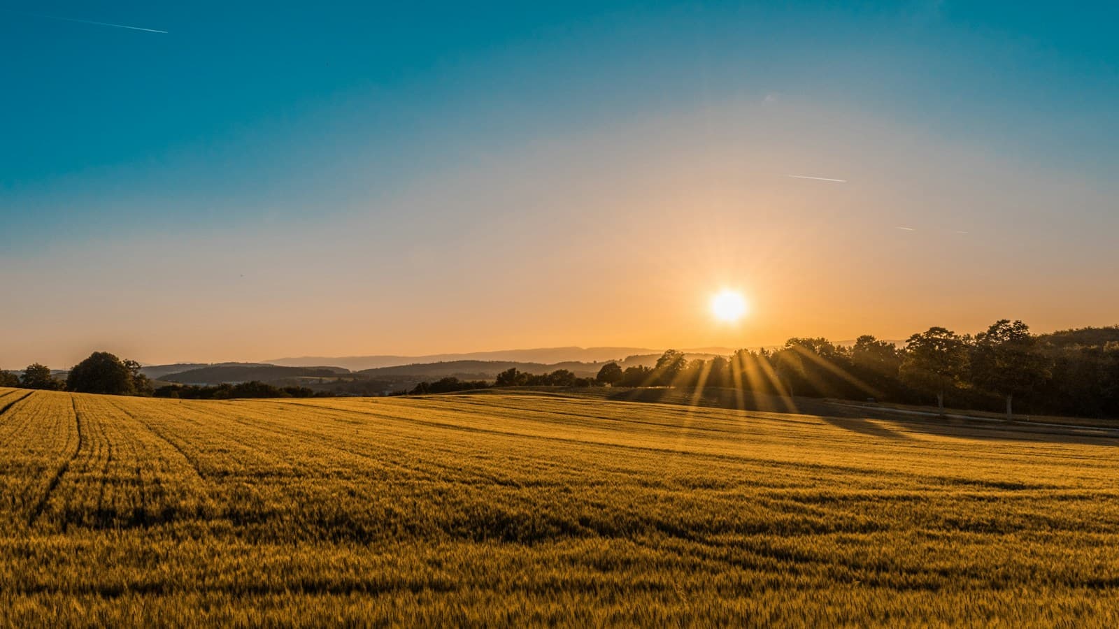 Sunlight falling across agricultural fields and a rural landscape